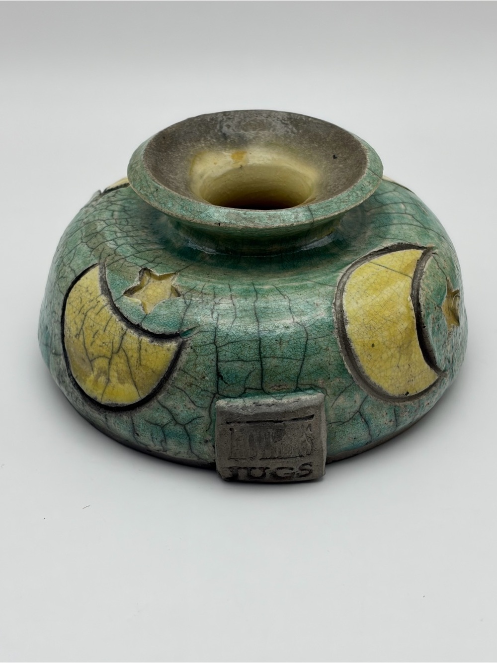 Vtg, “Mother's Jugs”, Raku, Studio Art
Pottery, Oil Lamp/Bud Vase, Moon & Stars